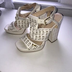 White Calvin Klein cage sandal heels, size 8